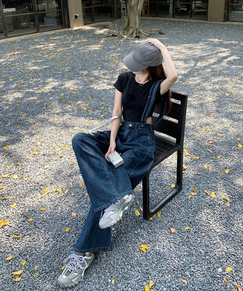 サス付デニムワイドパンツ ハイウエスト ロングパンツ レディース ストレートパンツ フロントダメージ カジュアル 4サイズ バギーパンツ サスペンダー 脚長 98XYQ-001