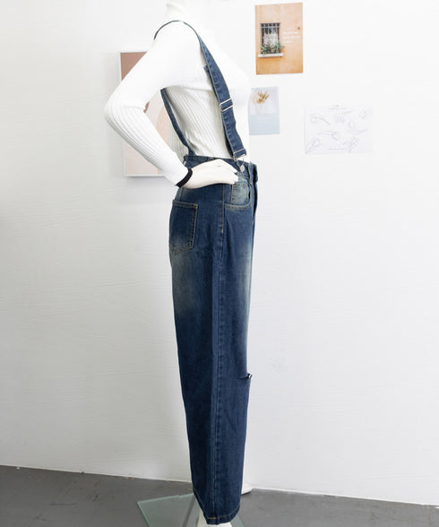 サス付デニムワイドパンツ ハイウエスト ロングパンツ レディース ストレートパンツ フロントダメージ カジュアル 4サイズ バギーパンツ サスペンダー 脚長 98XYQ-001