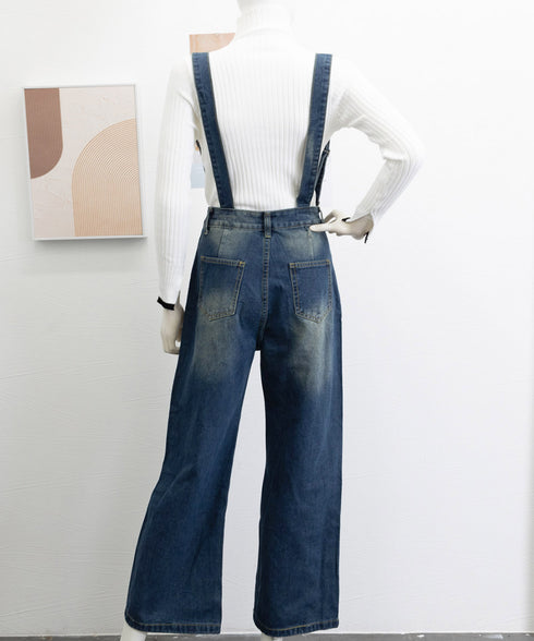 サス付デニムワイドパンツ ハイウエスト ロングパンツ レディース ストレートパンツ フロントダメージ カジュアル 4サイズ バギーパンツ サスペンダー 脚長 98XYQ-001