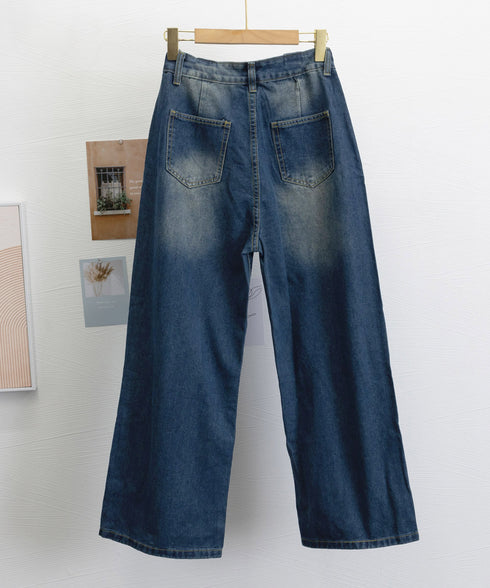 サス付デニムワイドパンツ ハイウエスト ロングパンツ レディース ストレートパンツ フロントダメージ カジュアル 4サイズ バギーパンツ サスペンダー 脚長 98XYQ-001