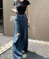 サス付デニムワイドパンツ ハイウエスト ロングパンツ レディース ストレートパンツ フロントダメージ カジュアル 4サイズ バギーパンツ サスペンダー 脚長 98XYQ-001