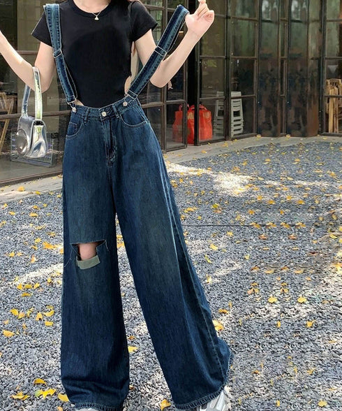 サス付デニムワイドパンツ ハイウエスト ロングパンツ レディース ストレートパンツ フロントダメージ カジュアル 4サイズ バギーパンツ サスペンダー 脚長 98XYQ-001