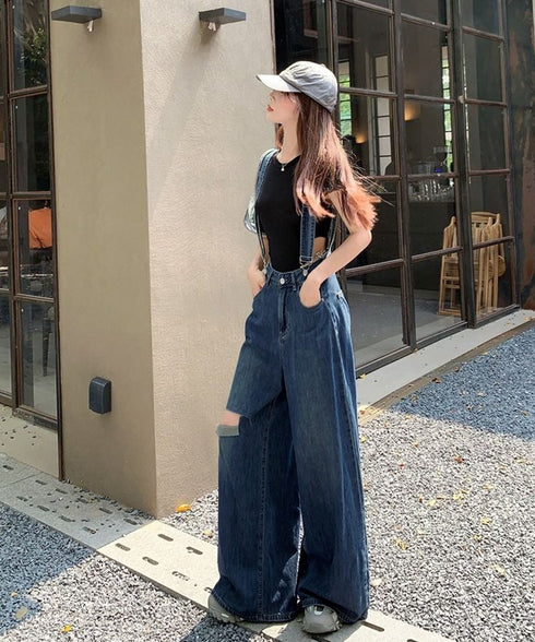 サス付デニムワイドパンツ ハイウエスト ロングパンツ レディース ストレートパンツ フロントダメージ カジュアル 4サイズ バギーパンツ サスペンダー 脚長 98XYQ-001