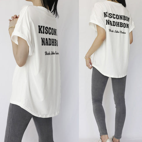 バックプリントロゴ オーバーサイズ トップス ラウンドネック ロゴTシャツ レディース カットソー 半袖プルオーバー 英字 ゆったり カジュアル 98YANGY-001