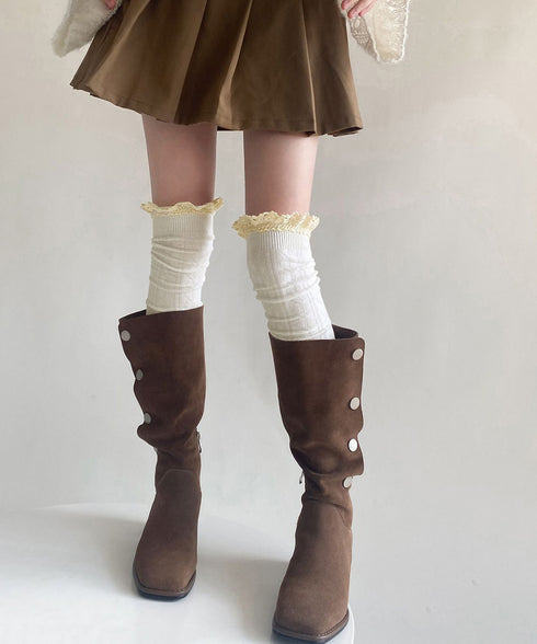 ニーハイソックス レース切り替え 靴下 サイハイソックス レースドッキング 大人可愛い 膝上丈靴下 通学ルームソックス 暖かい靴下春秋冬 韓国風無地ソックス 98YCHUAN-001