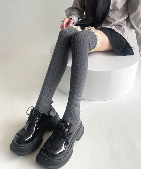 ニーハイソックス レース切り替え 靴下 サイハイソックス レースドッキング 大人可愛い 膝上丈靴下 通学ルームソックス 暖かい靴下春秋冬 韓国風無地ソックス 98YCHUAN-001