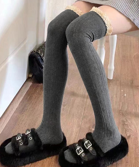 ニーハイソックス レース切り替え 靴下 サイハイソックス レースドッキング 大人可愛い 膝上丈靴下 通学ルームソックス 暖かい靴下春秋冬 韓国風無地ソックス 98YCHUAN-001