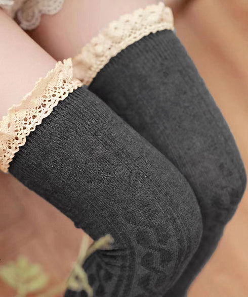 ニーハイソックス レース切り替え 靴下 サイハイソックス レースドッキング 大人可愛い 膝上丈靴下 通学ルームソックス 暖かい靴下春秋冬 韓国風無地ソックス 98YCHUAN-001