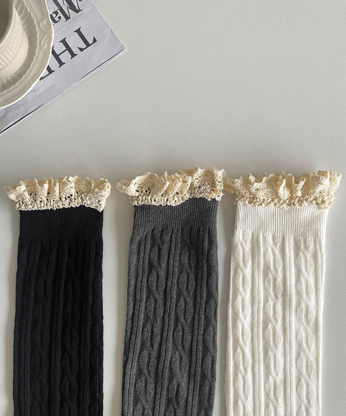 ニーハイソックス レース切り替え 靴下 サイハイソックス レースドッキング 大人可愛い 膝上丈靴下 通学ルームソックス 暖かい靴下春秋冬 韓国風無地ソックス 98YCHUAN-001