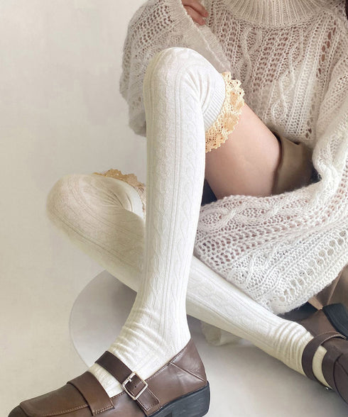 ニーハイソックス レース切り替え 靴下 サイハイソックス レースドッキング 大人可愛い 膝上丈靴下 通学ルームソックス 暖かい靴下春秋冬 韓国風無地ソックス 98YCHUAN-001