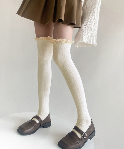 ニーハイソックス レース切り替え 靴下 サイハイソックス レースドッキング 大人可愛い 膝上丈靴下 通学ルームソックス 暖かい靴下春秋冬 韓国風無地ソックス 98YCHUAN-001