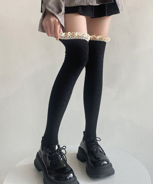ニーハイソックス レース切り替え 靴下 サイハイソックス レースドッキング 大人可愛い 膝上丈靴下 通学ルームソックス 暖かい靴下春秋冬 韓国風無地ソックス 98YCHUAN-001