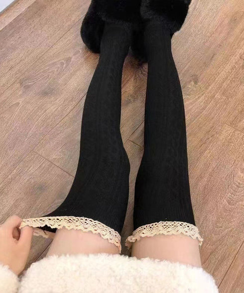 ニーハイソックス レース切り替え 靴下 サイハイソックス レースドッキング 大人可愛い 膝上丈靴下 通学ルームソックス 暖かい靴下春秋冬 韓国風無地ソックス 98YCHUAN-001