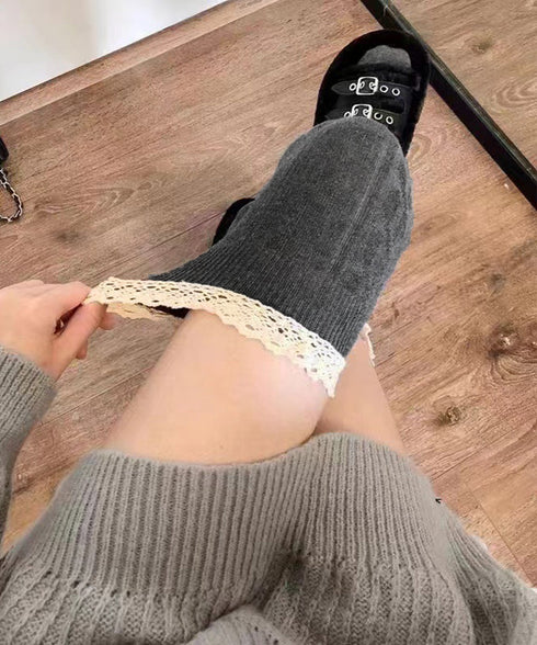 ニーハイソックス レース切り替え 靴下 サイハイソックス レースドッキング 大人可愛い 膝上丈靴下 通学ルームソックス 暖かい靴下春秋冬 韓国風無地ソックス 98YCHUAN-001