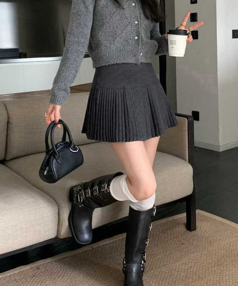 ニットプリーツ ミニスカート レディース 可愛い Aラインスカート ハイウエスト ショートスカート シンプル インナーパンツ付き 着やせ ボトムス カジュアル 98YIDUN-001