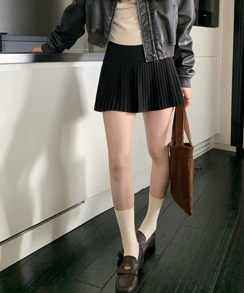 ニットプリーツ ミニスカート レディース 可愛い Aラインスカート ハイウエスト ショートスカート シンプル インナーパンツ付き 着やせ ボトムス カジュアル 98YIDUN-001
