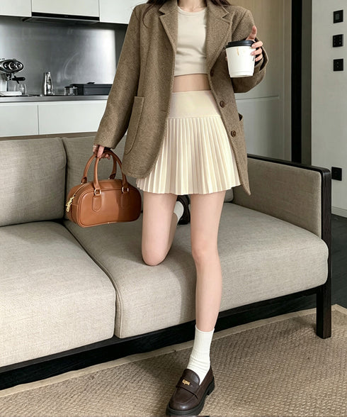 ニットプリーツ ミニスカート レディース 可愛い Aラインスカート ハイウエスト ショートスカート シンプル インナーパンツ付き 着やせ ボトムス カジュアル 98YIDUN-001