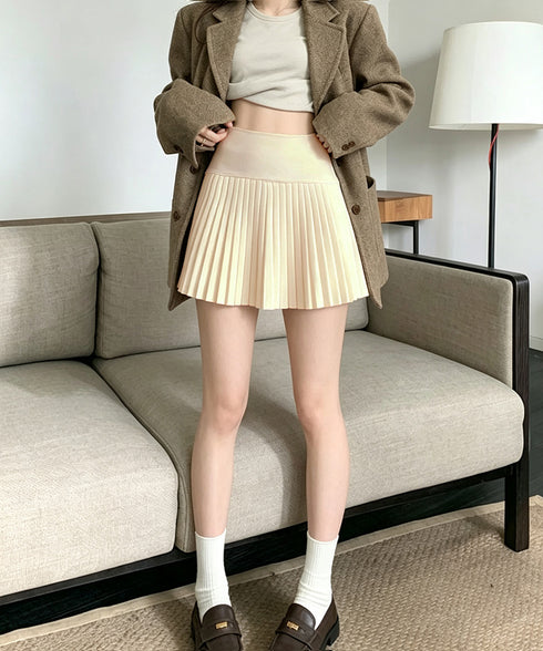 ニットプリーツ ミニスカート レディース 可愛い Aラインスカート ハイウエスト ショートスカート シンプル インナーパンツ付き 着やせ ボトムス カジュアル 98YIDUN-001