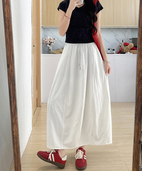 ロング丈 フレアスカート ウエストゴム ゆったりロングスカート 楽ちんウエストゴム ナチュラル無地 体型カバーAライン 大人カジュアル ドロストデザイン 春夏秋 98YIDUN-002