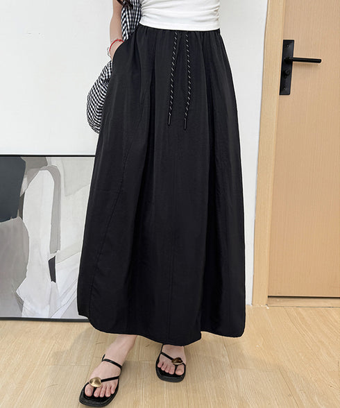 ロング丈 フレアスカート ウエストゴム ゆったりロングスカート 楽ちんウエストゴム ナチュラル無地 体型カバーAライン 大人カジュアル ドロストデザイン 春夏秋 98YIDUN-002