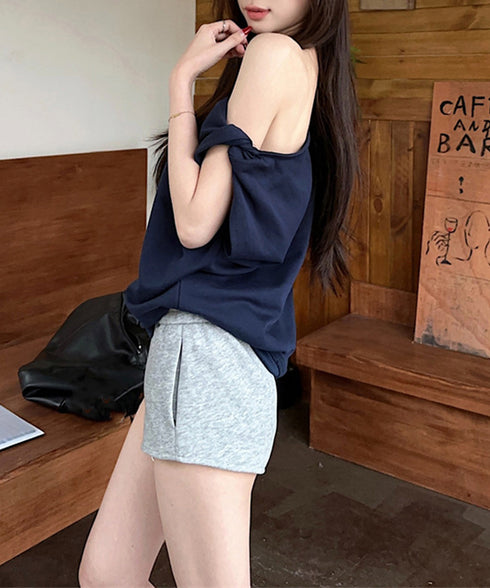 オフショルダーTシャツ 半袖 トップス ワンショルトップスレディース 斜め肩デザイントップス サイドギャザーワンショルダーカットソー おしゃれ肌見せ夏服 韓国風 98YRLAN-001