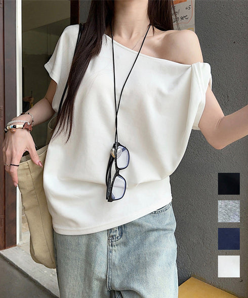 オフショルダーTシャツ 半袖 トップス ワンショルトップスレディース 斜め肩デザイントップス サイドギャザーワンショルダーカットソー おしゃれ肌見せ夏服 韓国風 98YRLAN-001