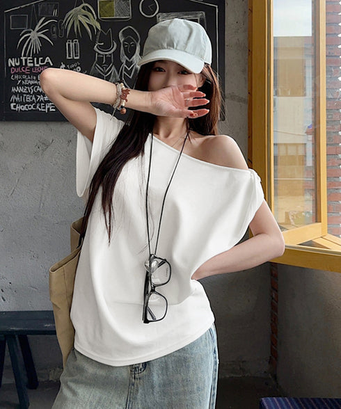 オフショルダーTシャツ 半袖 トップス ワンショルトップスレディース 斜め肩デザイントップス サイドギャザーワンショルダーカットソー おしゃれ肌見せ夏服 韓国風 98YRLAN-001