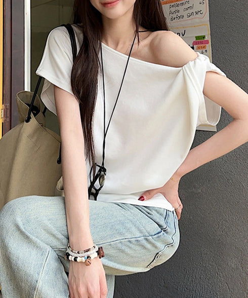 オフショルダーTシャツ 半袖 トップス ワンショルトップスレディース 斜め肩デザイントップス サイドギャザーワンショルダーカットソー おしゃれ肌見せ夏服 韓国風 98YRLAN-001