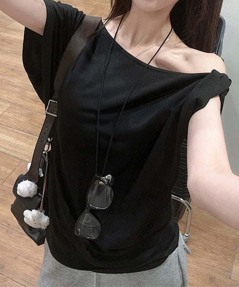 オフショルダーTシャツ 半袖 トップス ワンショルトップスレディース 斜め肩デザイントップス サイドギャザーワンショルダーカットソー おしゃれ肌見せ夏服 韓国風 98YRLAN-001