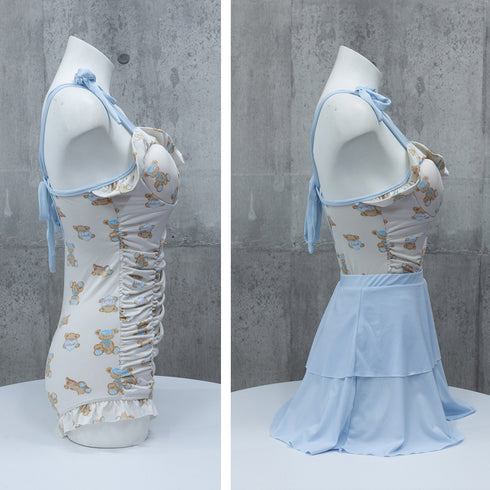 可愛い ワンピース水着 2点セット 新作レディース スイムウェア ミニスカート付き 2WAY 露出控えめ水着 ハイウエスト 切り替え 配色水着 大人 98YUEX-002