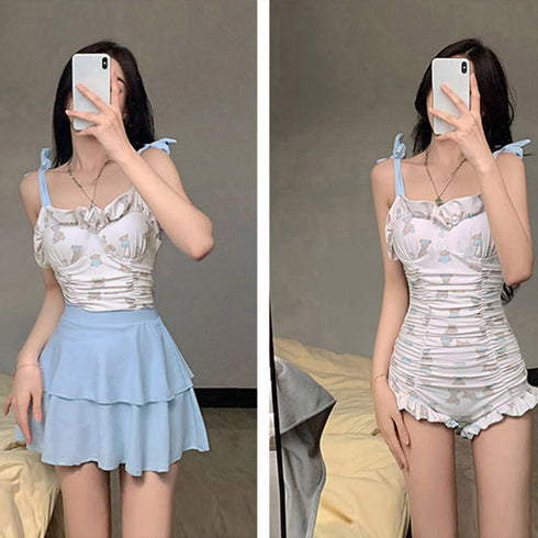 可愛い ワンピース水着 2点セット 新作レディース スイムウェア ミニスカート付き 2WAY 露出控えめ水着 ハイウエスト 切り替え 配色水着 大人 98YUEX-002