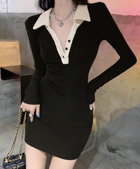 配色リブポロワンピース レディース ポロネックミニワンピ 女性らしい Vネック レトロっぽ 柔らか 長袖 ポロ襟 セクシー おしゃれ ショート丈 ワンピース 98YUWEI-001