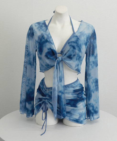 ビキニボレロカーディガンスカートセット タイダイビキニ 4点セット水着 ホルターネック ガールズ プール水着 胸パッド セパレート ストラップ調整 水着 98ZHILI-001