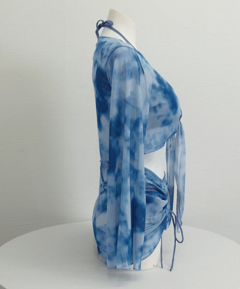 ビキニボレロカーディガンスカートセット タイダイビキニ 4点セット水着 ホルターネック ガールズ プール水着 胸パッド セパレート ストラップ調整 水着 98ZHILI-001