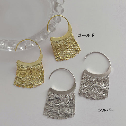 タッセルフープピアス メタルピアス 揺れるピアス スイング アクセサリー 可愛い スタイリッシュ 両耳用 2色ゴールド シルバー メタルフリンジピアス 98ZHIX-001