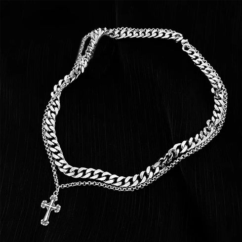 チョーカーネックレス チェーン2連 ネックレス シルバー クロスペンダント アクセサリー シンプル 大人 男女 98ZHIYU-001