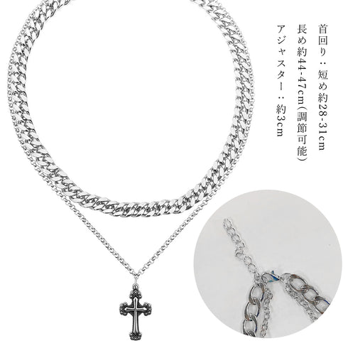 チョーカーネックレス チェーン2連 ネックレス シルバー クロスペンダント アクセサリー シンプル 大人 男女 98ZHIYU-001
