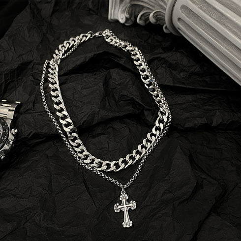 チョーカーネックレス チェーン2連 ネックレス シルバー クロスペンダント アクセサリー シンプル 大人 男女 98ZHIYU-001