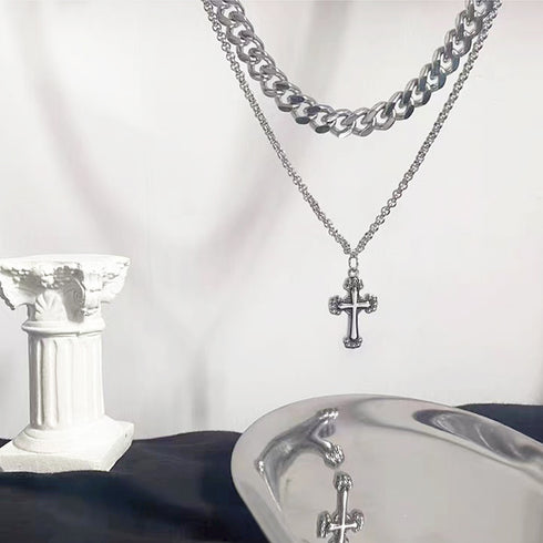 チョーカーネックレス チェーン2連 ネックレス シルバー クロスペンダント アクセサリー シンプル 大人 男女 98ZHIYU-001