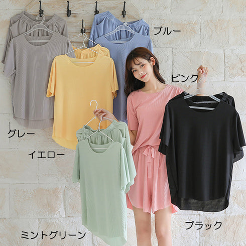 ルームウェア ゆったり 可愛い 部屋着 レディース 春夏 セットアップ 半袖 Tシャツ 短パン ウエストゴム 上下セット 98ZYQ-002