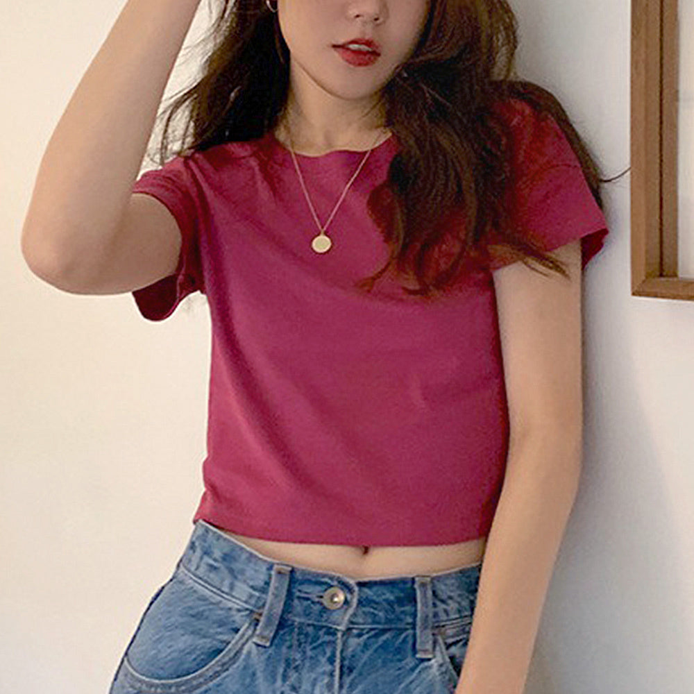 ショート丈tシャツ へそ出し 8色 夏 チェリーパープル