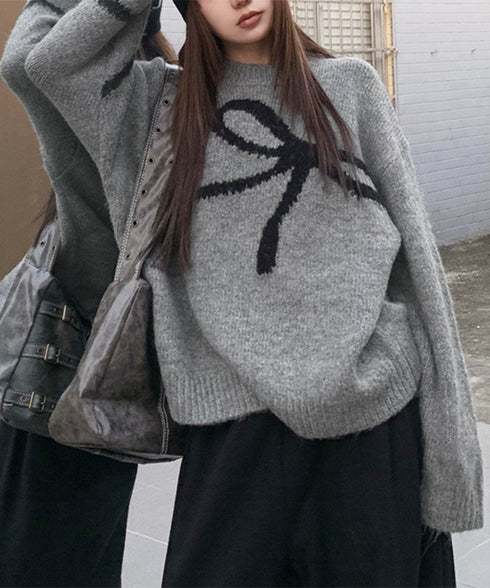 リボン柄ニット セーター プルオーバー レディーストップス 韓国風 春秋冬 柔らかい 体型カバー きれいめ 着回し おしゃれ 通勤通学 大人可愛い 女子会 99BDFS-006