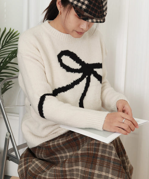 リボン柄ニット セーター プルオーバー レディーストップス 韓国風 春秋冬 柔らかい 体型カバー きれいめ 着回し おしゃれ 通勤通学 大人可愛い 女子会 99BDFS-006