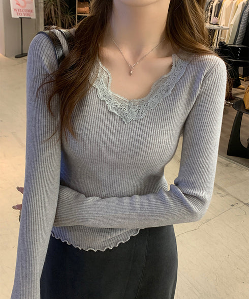ニットトップス レディース レース付き ニットソー 無地ニット ニットセーター ニットインナー Vネック フリル 柔らかい 着回し カジュアル 大人 可愛い 99BDFS-007
