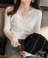 ニットトップス レディース レース付き ニットソー 無地ニット ニットセーター ニットインナー Vネック フリル 柔らかい 着回し カジュアル 大人 可愛い 99BDFS-007