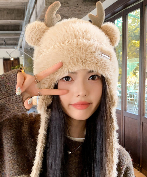 ニット帽 鹿角 くま耳 レディース 秋冬 あったかぼうし 無地 小顔 折り畳み カジュアル 可愛い あったか 暖かい お出掛け アウトドア 旅行 防寒対策 99BJMY-003
