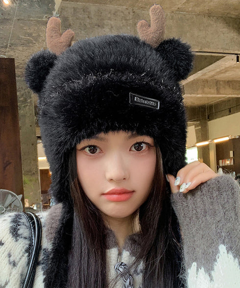 ニット帽 鹿角 くま耳 レディース 秋冬 あったかぼうし 無地 小顔 折り畳み カジュアル 可愛い あったか 暖かい お出掛け アウトドア 旅行 防寒対策 99BJMY-003