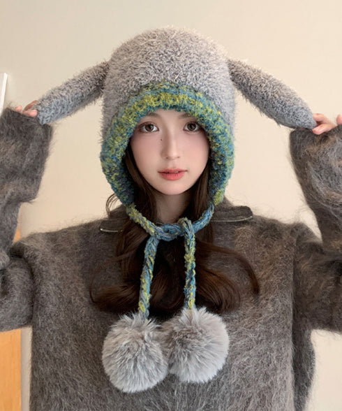 うさぎ耳ニット帽 配色 レディース 小顔 暖かい編み帽子 耳付き 紐付き帽子 折りたたみ カジュアル おしゃれ 可愛い 人気 お出掛け アウトドア 旅行 99BJMY-005