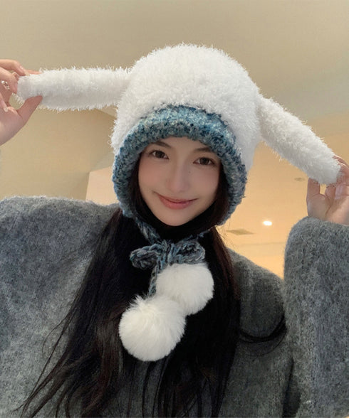 うさぎ耳ニット帽 配色 レディース 小顔 暖かい編み帽子 耳付き 紐付き帽子 折りたたみ カジュアル おしゃれ 可愛い 人気 お出掛け アウトドア 旅行 99BJMY-005