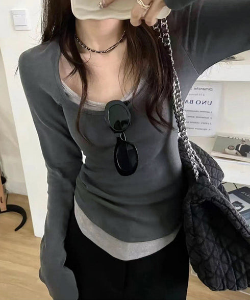 長袖Tシャツ フェイクレイヤード 着やせ レディース Uネック プルオーバー 細身 無地 セクシー 細見え カジュアル着やせ 大人 おしゃれ フィット フェミニン 99BMFS-003